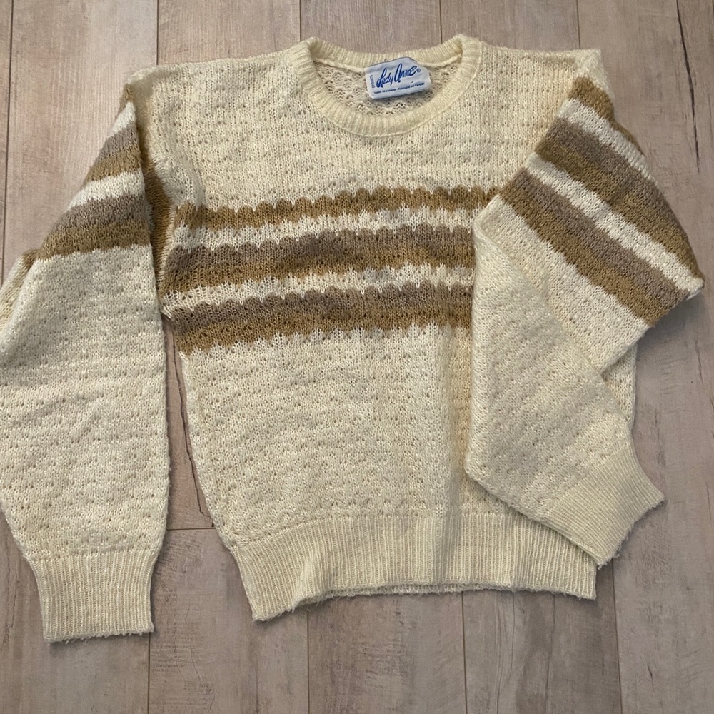 70s LADY ANNE Cream Taupe Beige Acrylic Knit Puffy Sleeved Cropped Sweater
